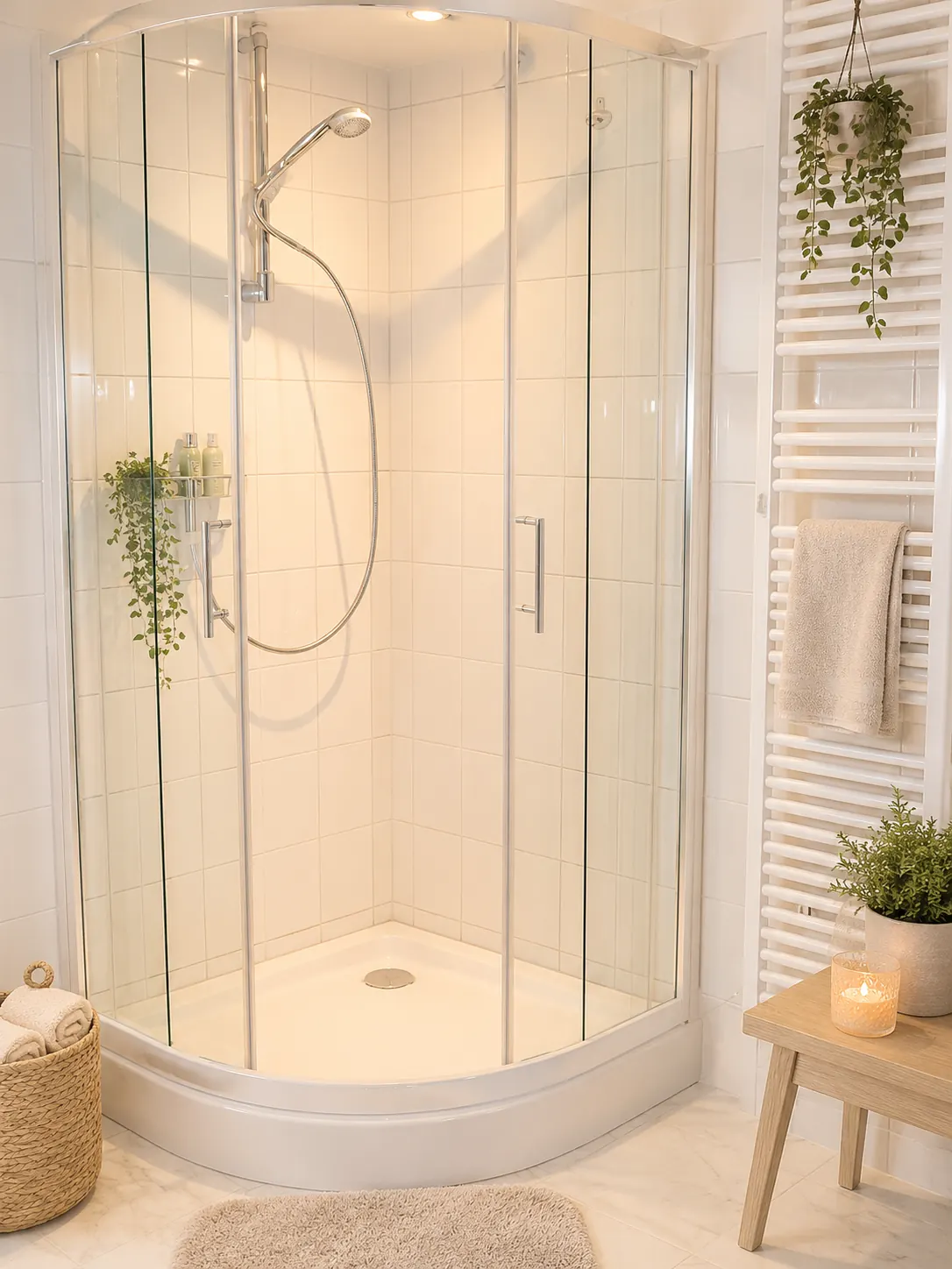 Badezimmer mit gerundeter Eckdusche aus Glas, Handtuchheizkörper und Waschbecken.