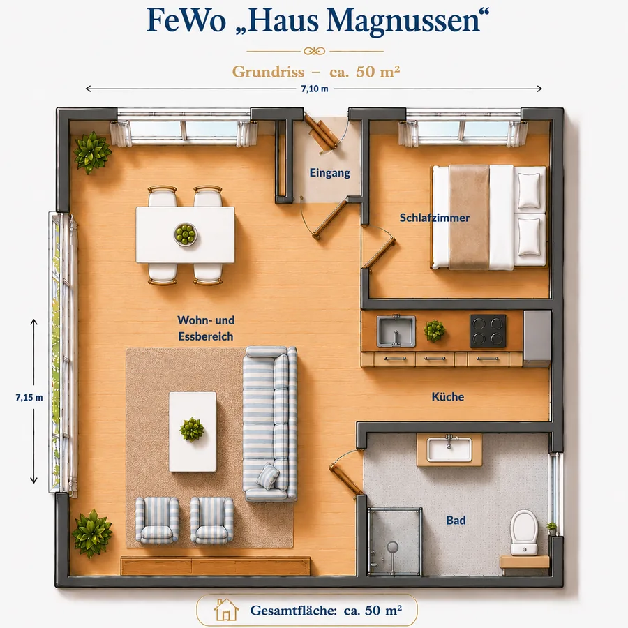 Grundriss der Ferienwohnung: Wohn- und Essbereich links, rechts davon Eingang, Schlafzimmer, Küche und Bad. Die Wohnung misst 7,10 mal 7,15 Meter, insgesamt rund 50 Quadratmeter.