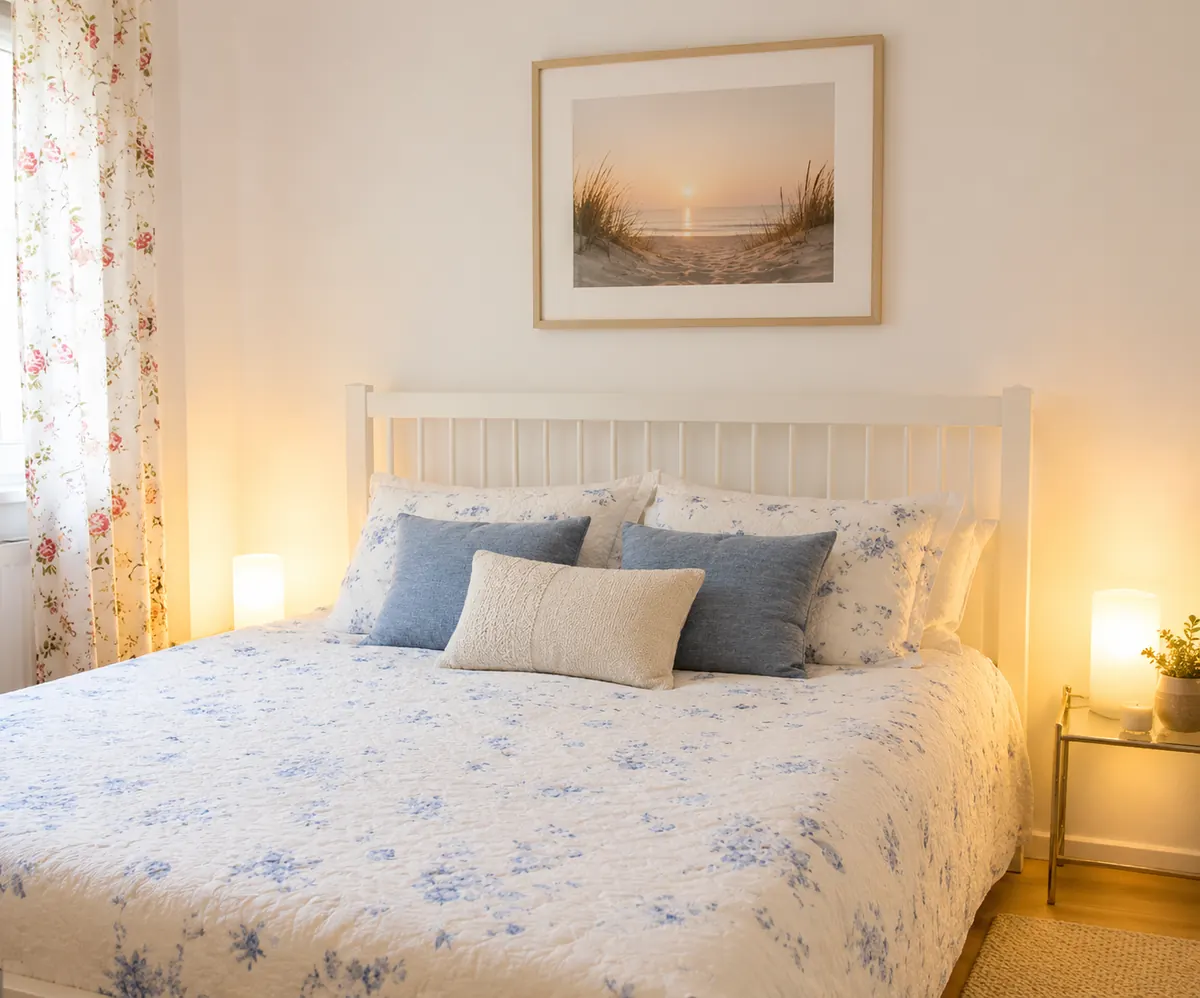 Schlafzimmer mit weißem Holzbett, blau-weiß gemusterter Tagesdecke und warmen Nachttischlampen.