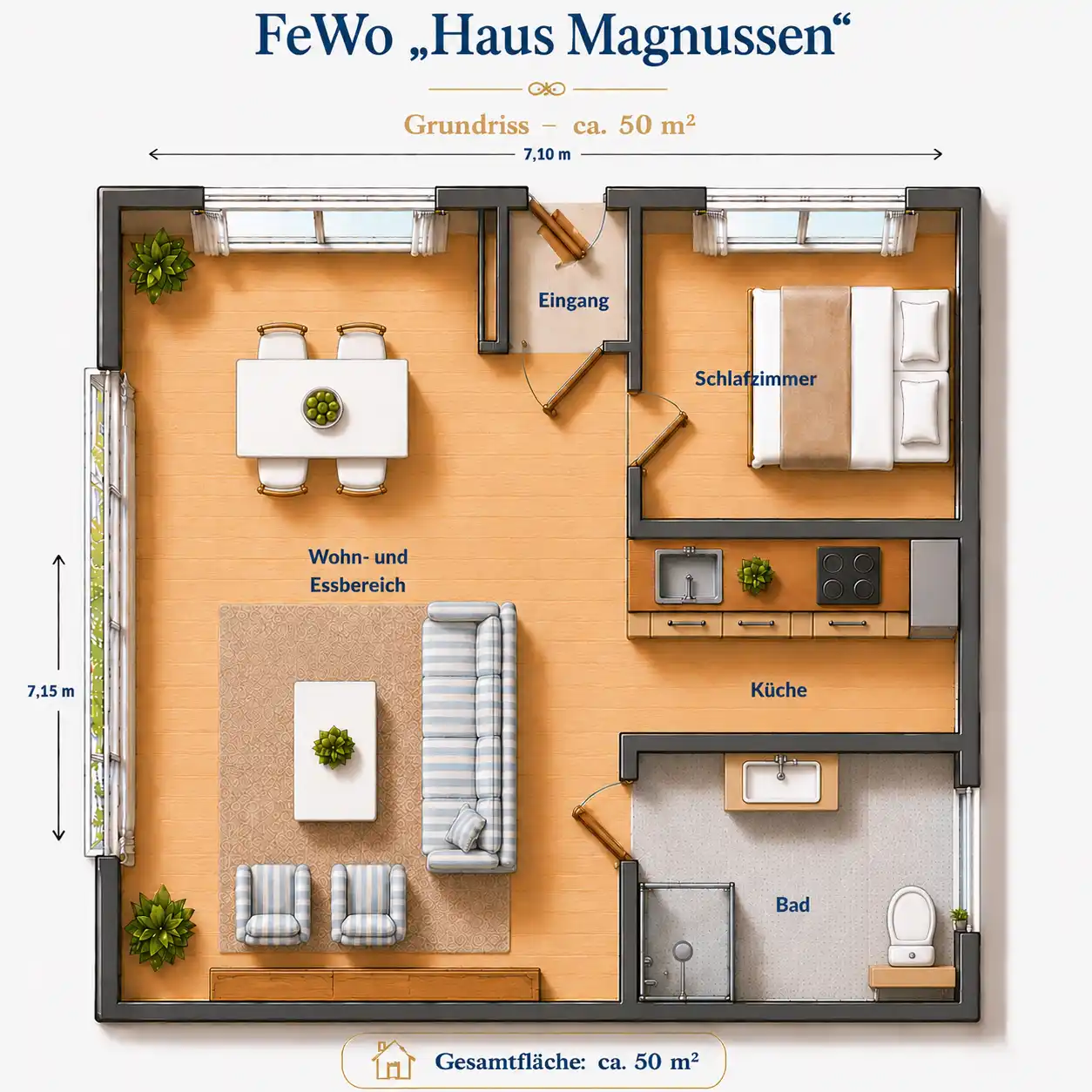 Grundriss der Ferienwohnung Haus Magnussen, ca. 50 qm
